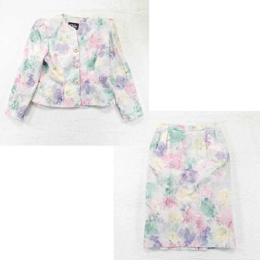 Ursula Womens Skirt Suit 6P Pastel Floral Jacquard Vintage Button Front Jacket